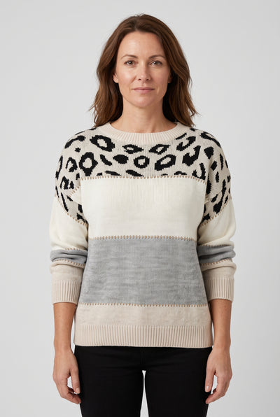 Women's Jumper | Colour Block with Leopard Print - Grey