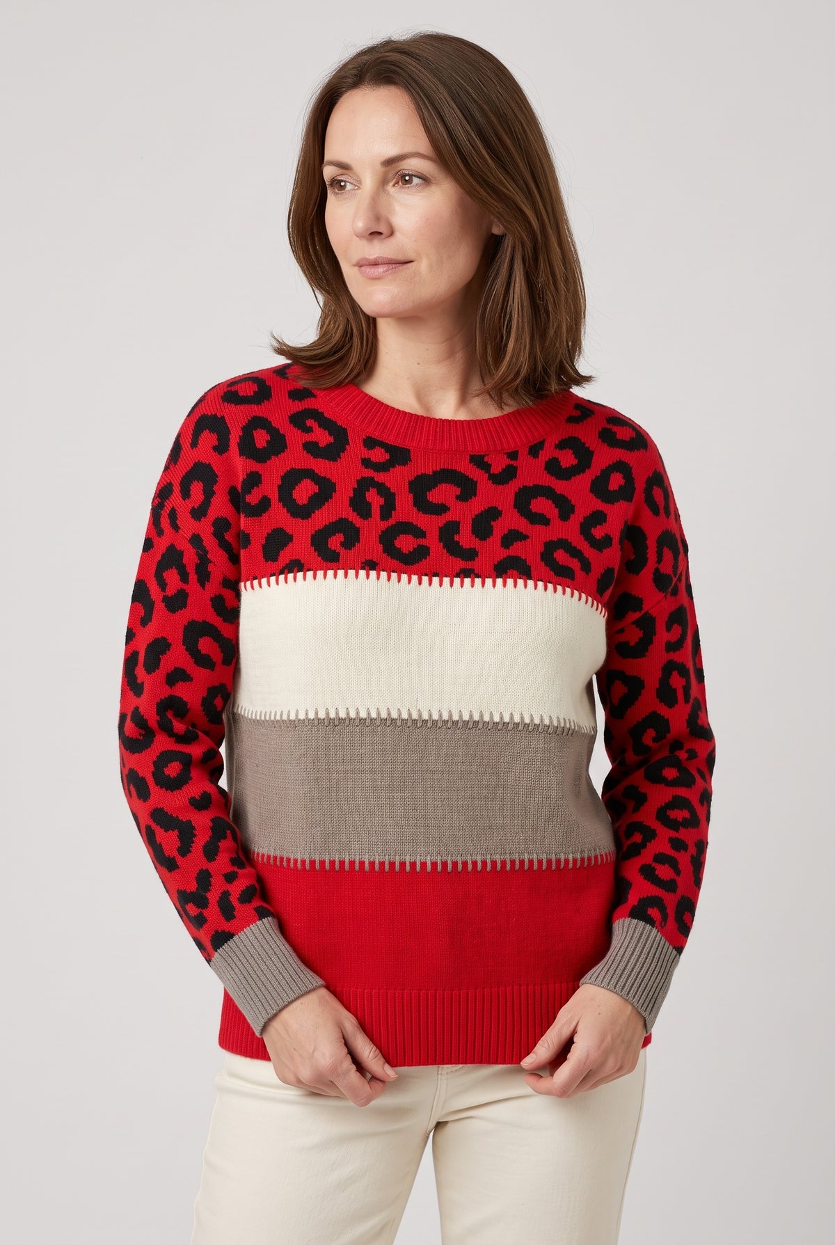 Women's Jumper | Colour Block with Leopard Print - Red