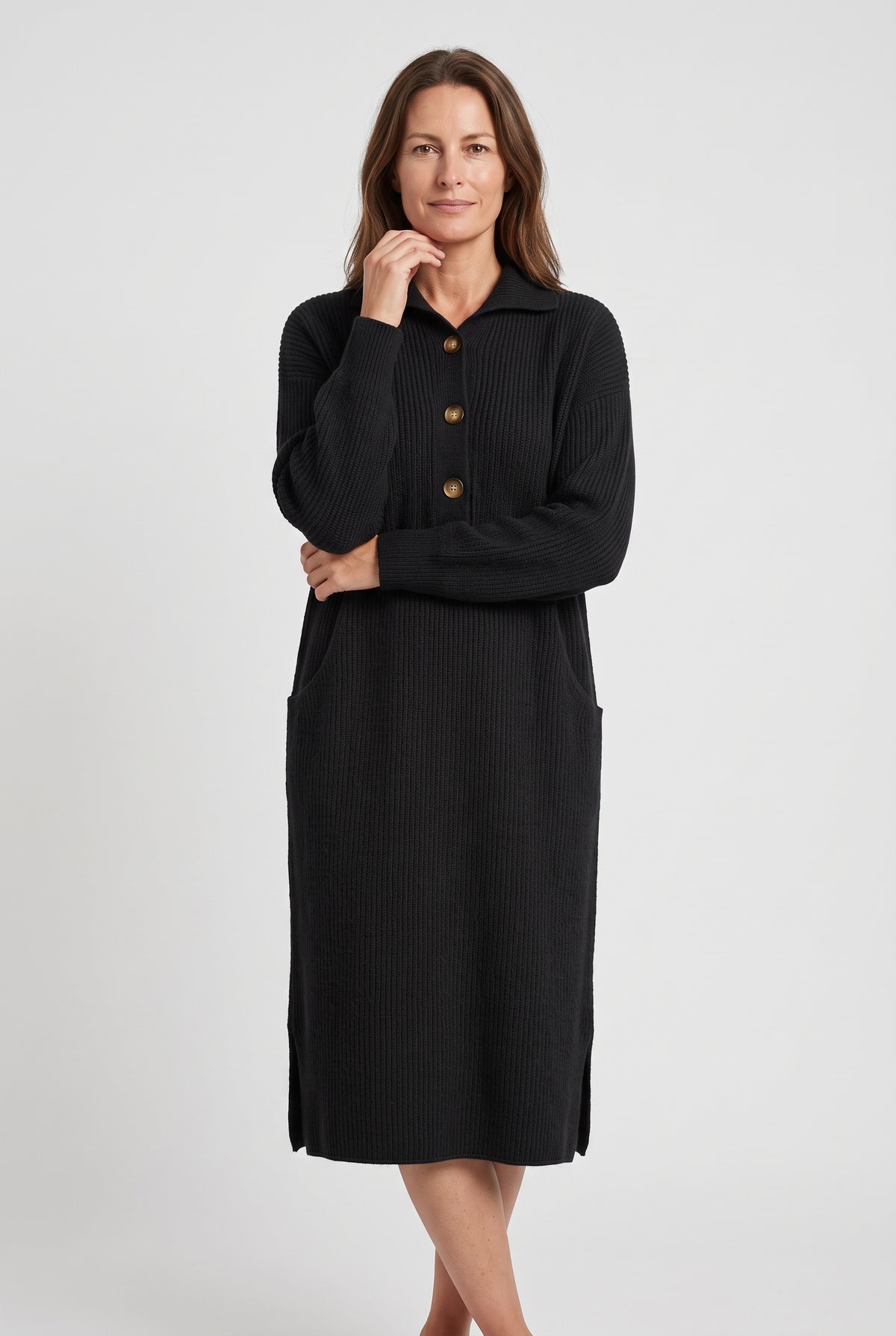 Women's Jumper Dress | Polo Collar Ribbed Knit Midi - Black