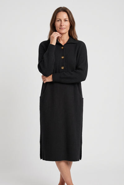 Women's Jumper Dress | Polo Collar Ribbed Knit Midi - Black