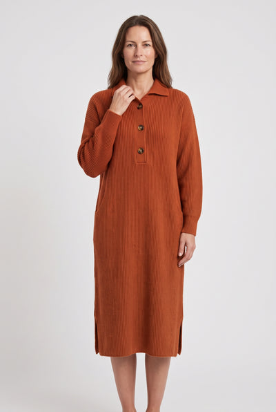 Women's Jumper Dress | Polo Collar Ribbed Knit Midi - Burnt Orange