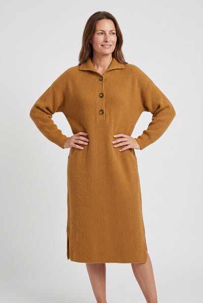 Women's Jumper Dress | Polo Collar Ribbed Knit Midi - Caramel