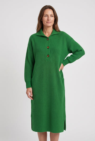 Women's Jumper Dress | Polo Collar Ribbed Knit Midi - Green
