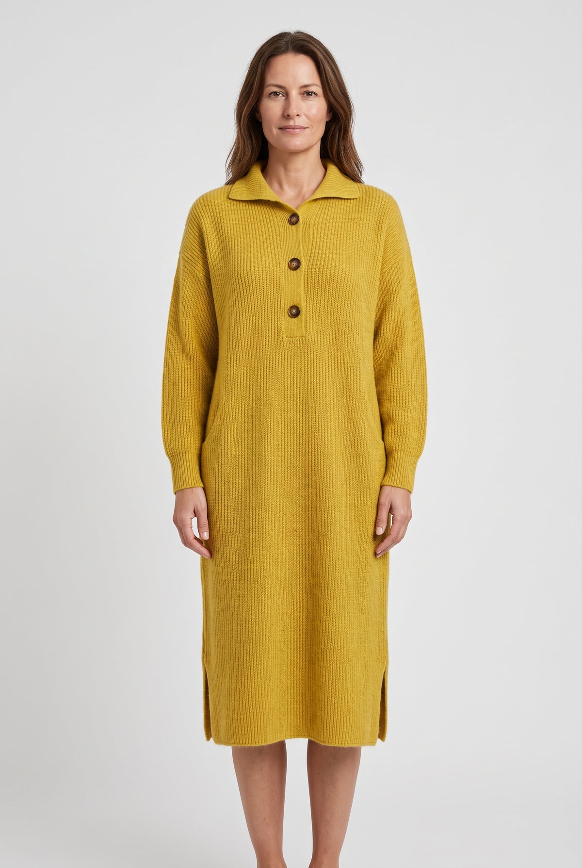 Women's Jumper Dress | Polo Collar Ribbed Knit Midi - Mustard
