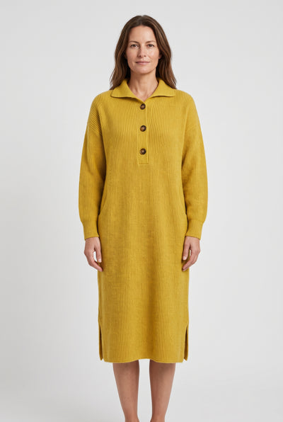 Women's Jumper Dress | Polo Collar Ribbed Knit Midi - Mustard
