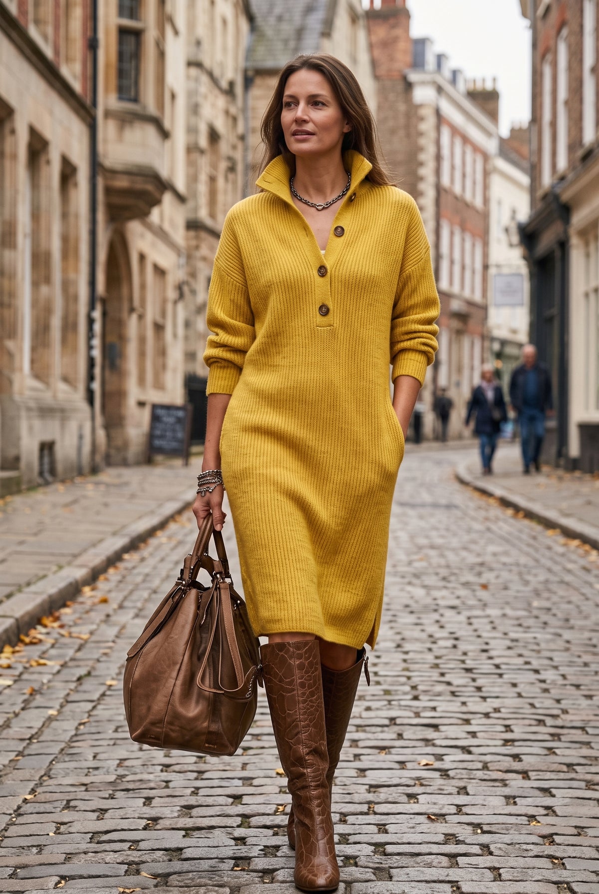 Women's Jumper Dress | Polo Collar Ribbed Knit Midi - Mustard lifestyle