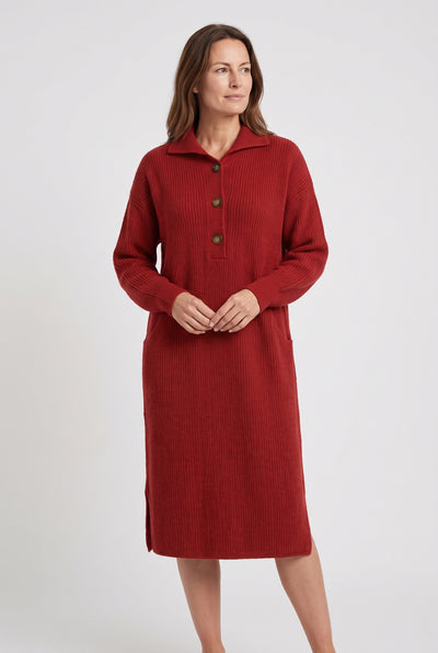 Women's Jumper Dress | Polo Collar Ribbed Knit Midi - Red