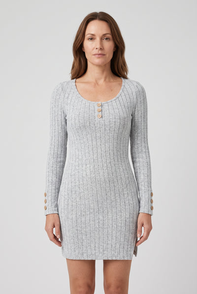Women's Jumper Dress | Ribbed Mini with Button Cuffs - Grey