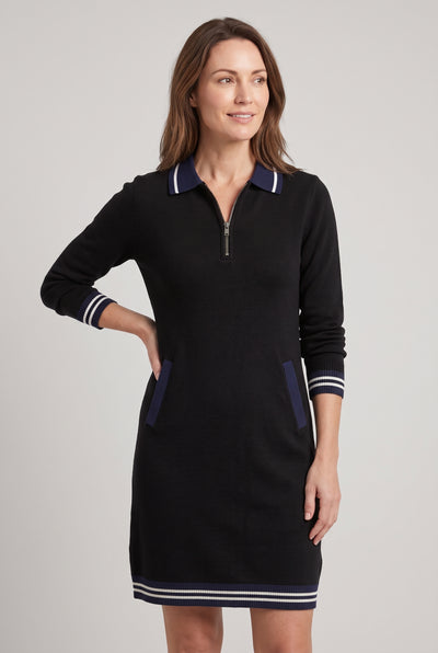 Women's Jumper Dress | Zip Polo Collar with Pockets - Black