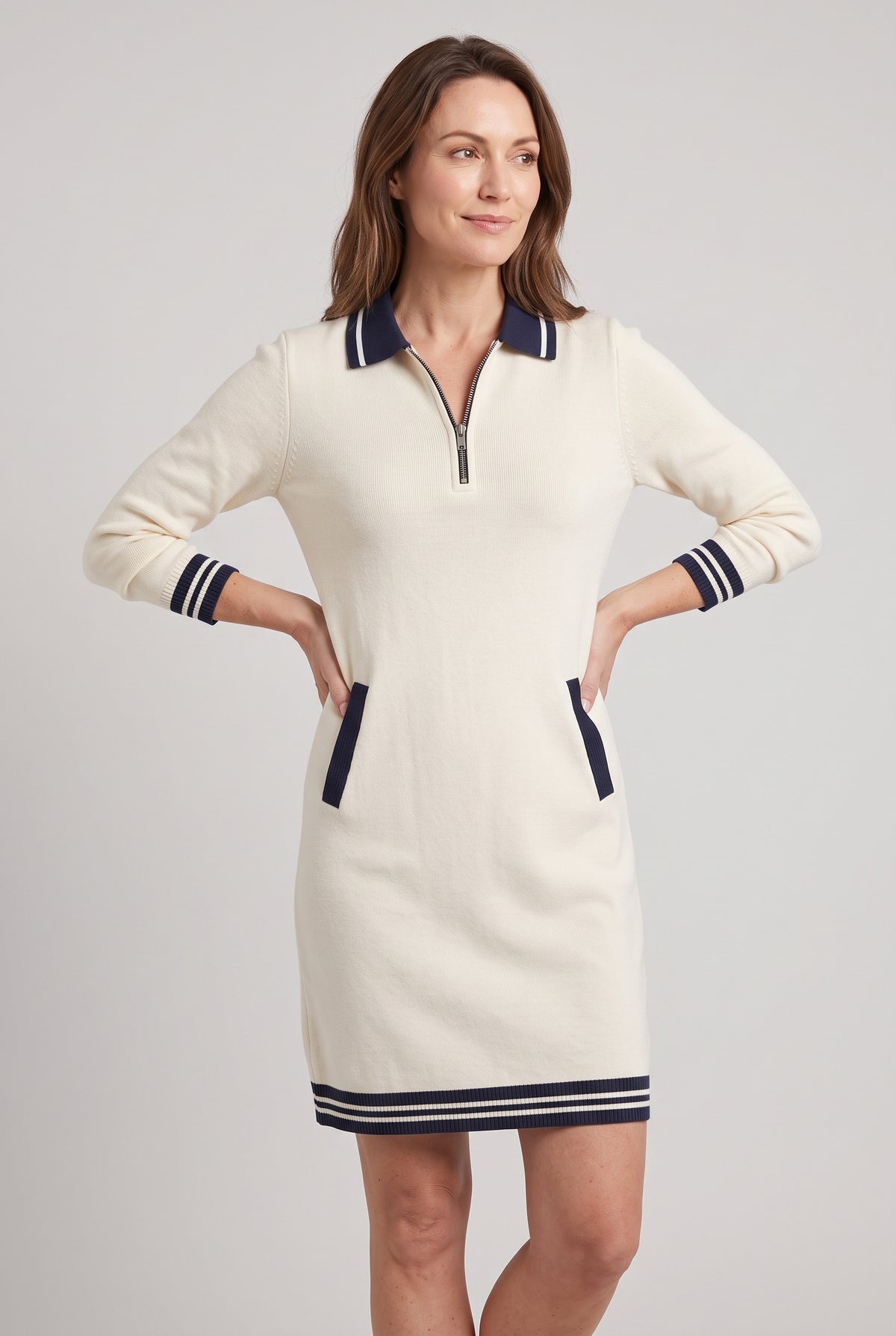 Women's Jumper Dress | Zip Polo Collar with Pockets - Cream