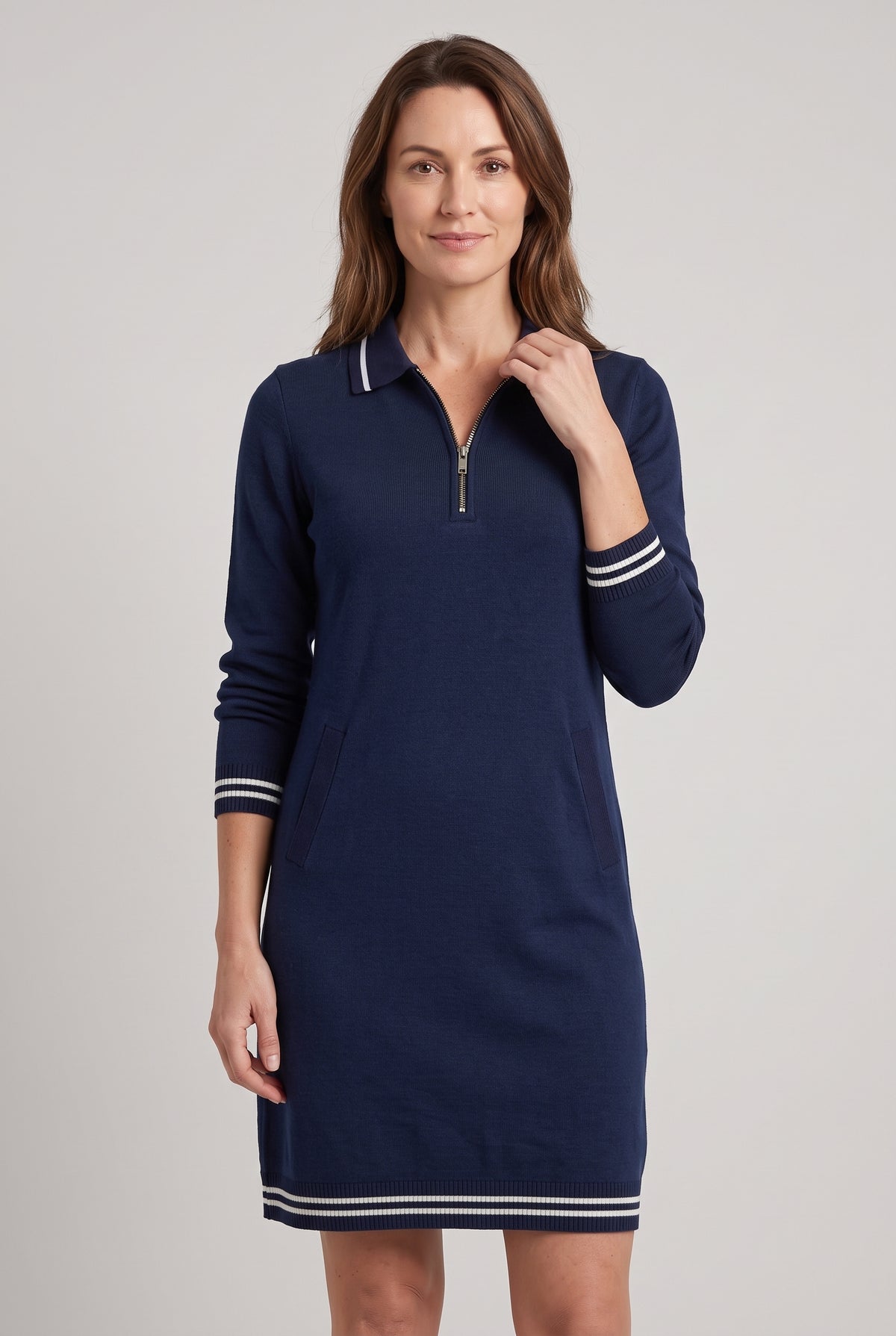 Women's Jumper Dress | Zip Polo Collar with Pockets - Navy