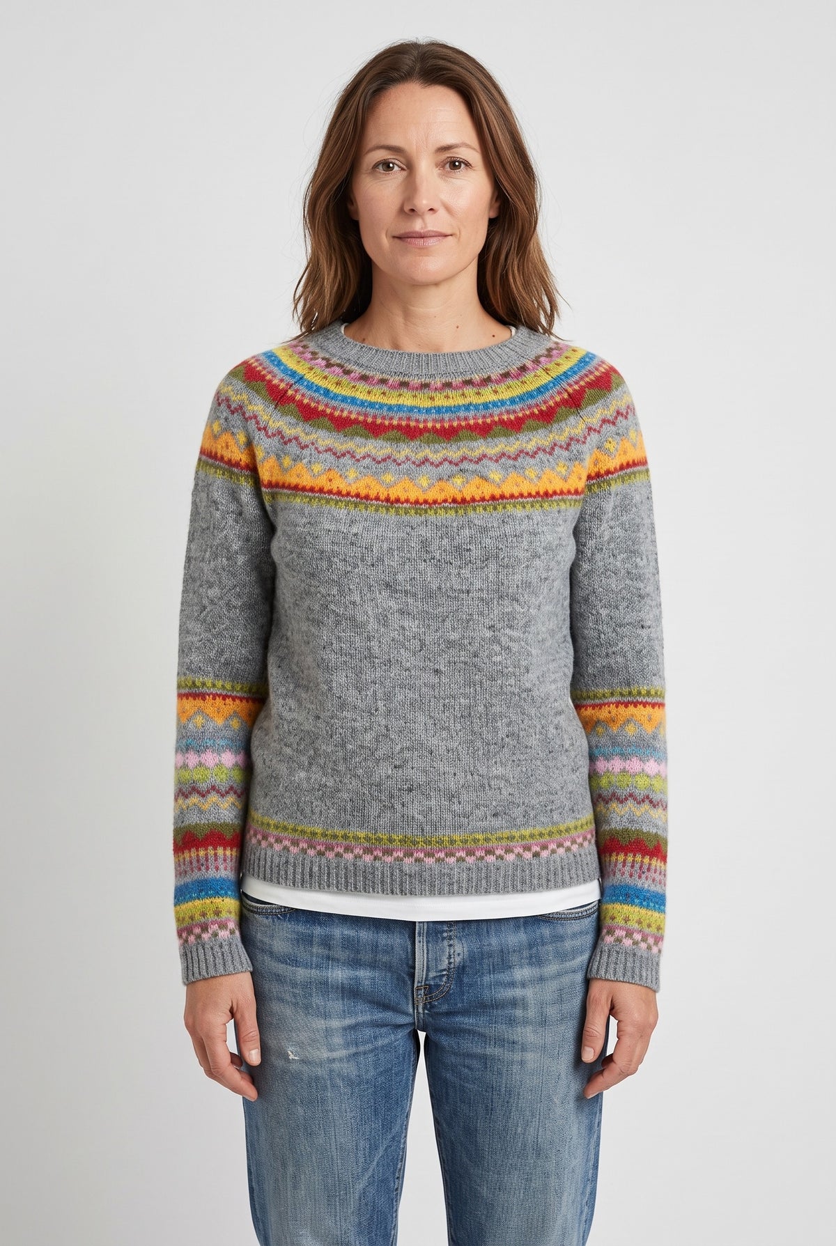 Women's Jumper | Fair Isle with Raglan Sleeves - Grey/Orange