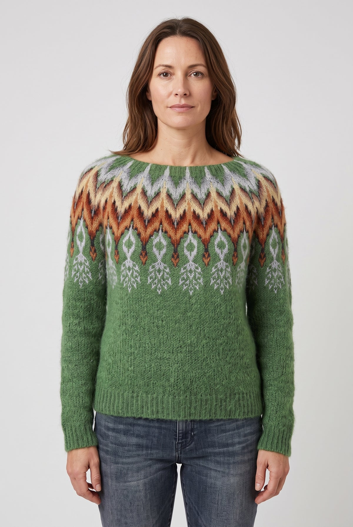Women's Jumper | Nordic Pattern Crew Neck - Green