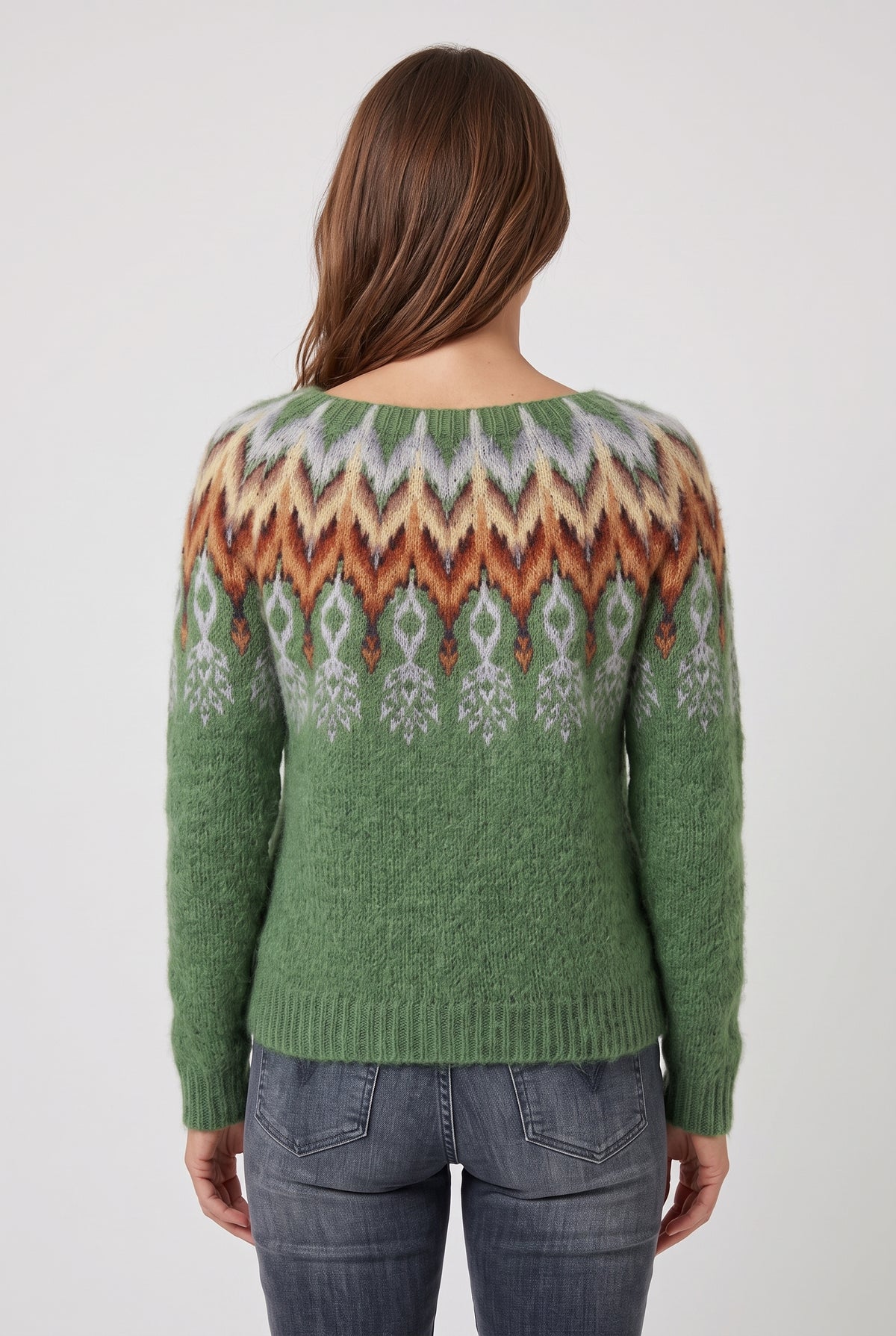 Women's Jumper | Nordic Pattern Crew Neck - Green back