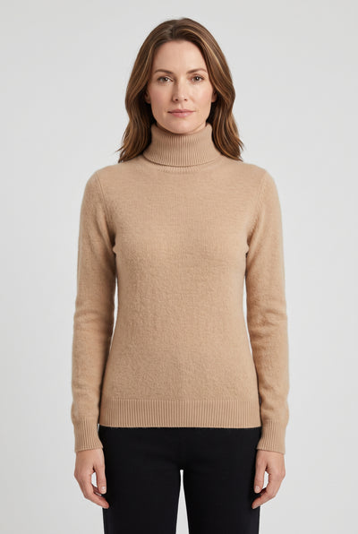 Women's Jumper | Roll Neck Soft Fine Knit - Camel