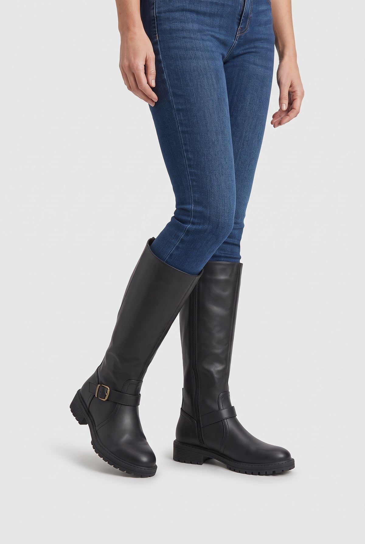 Women's Knee High Boots | Buckle Strap with Side Zip - Black worn