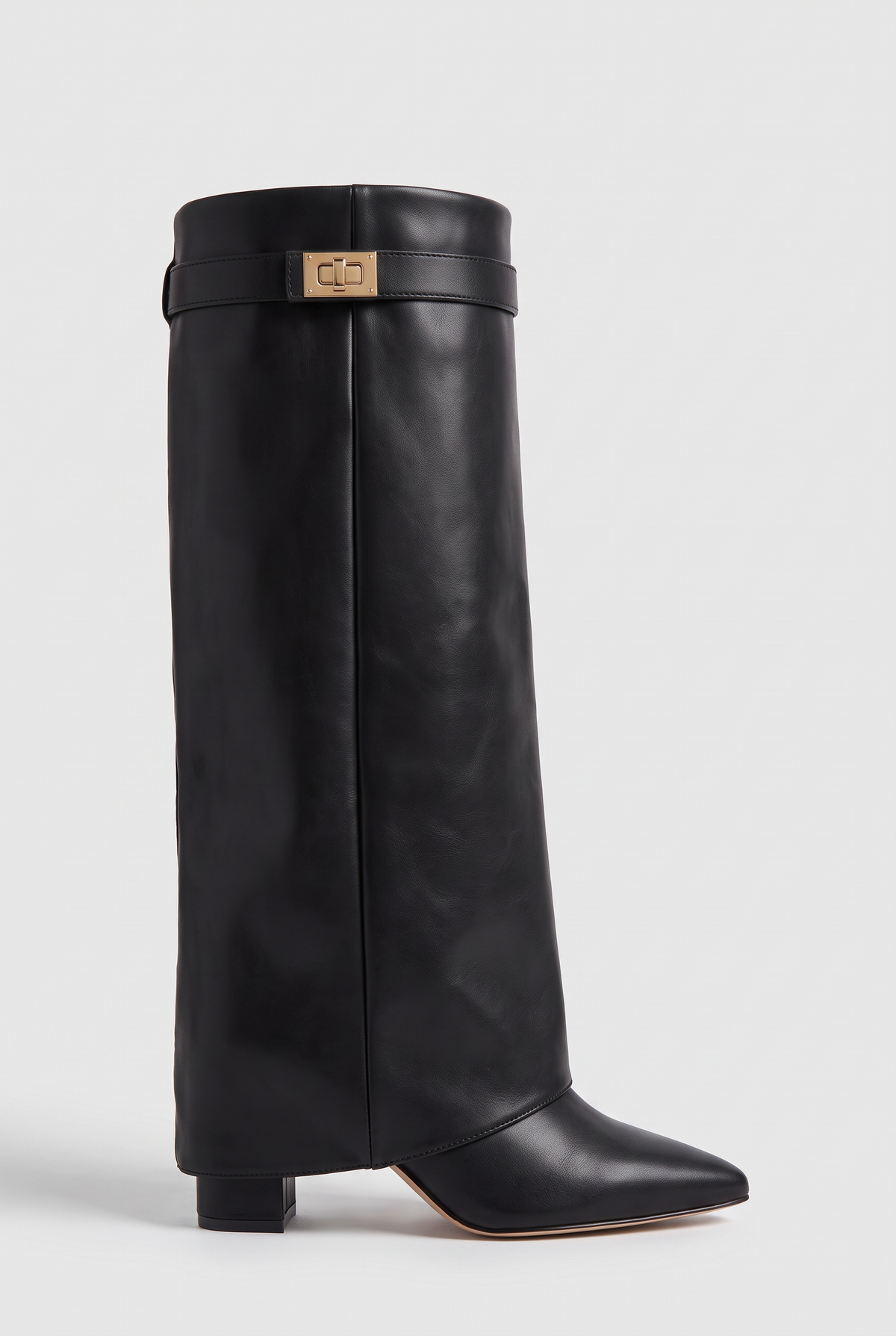 Women's Knee High Boots | Fold-Over Wedge with Pointed Toe - Black Leather-Look