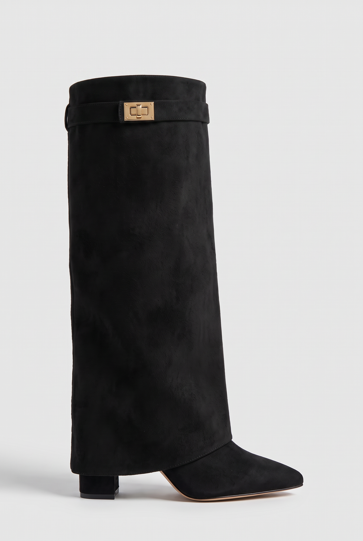 Women's Knee High Boots | Fold-Over Wedge with Pointed Toe - Black Suede-Look