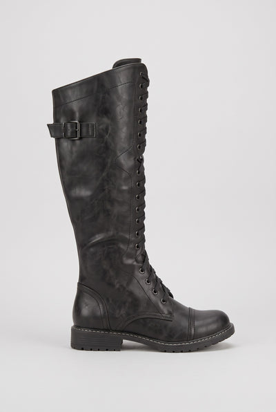 Women's Knee High Boots | Lace-Up Leather-Look with Buckle Strap - Black
