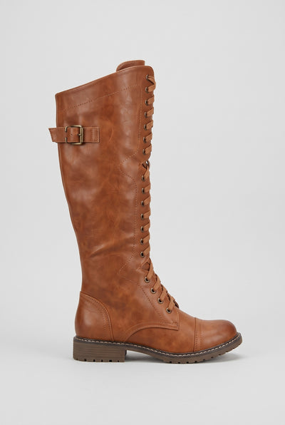 Women's Knee High Boots | Lace-Up Leather-Look with Buckle Strap - Brown