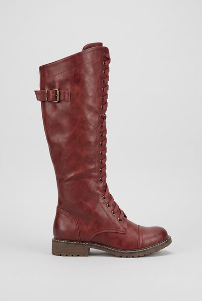 Women's Knee High Boots | Lace-Up Leather-Look with Buckle Strap - Burgundy