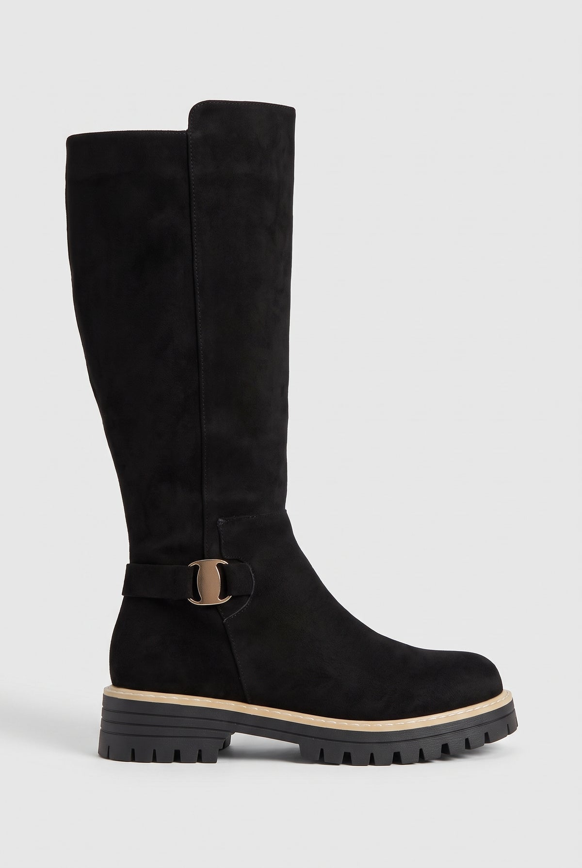 Women's Knee High Boots | Suede-Look with Chunky Lug Sole - Black