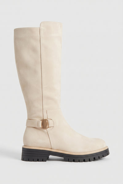 Women's Knee High Boots | Suede-Look with Chunky Lug Sole - Cream