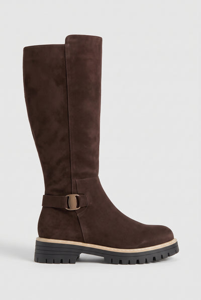 Women's Knee High Boots | Suede-Look with Chunky Lug Sole - Dark Brown