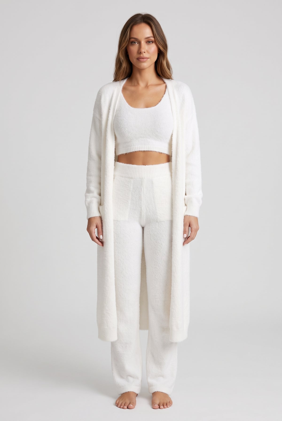 Women's Loungewear Set | Fluffy Knit Three-Piece with Cardigan - White