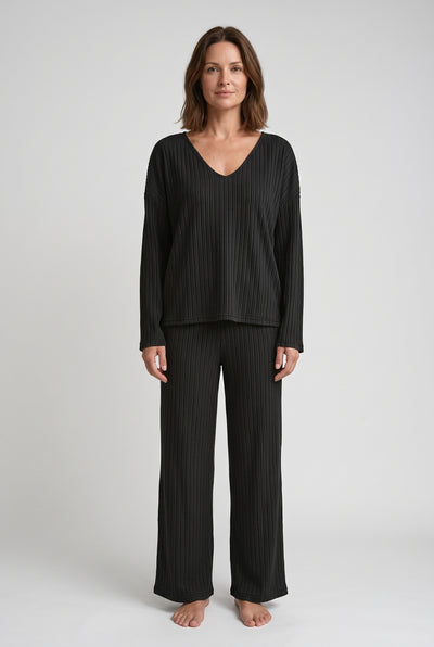 Women's Loungewear Set | Ribbed V-Neck with Wide-Leg Trousers - Black