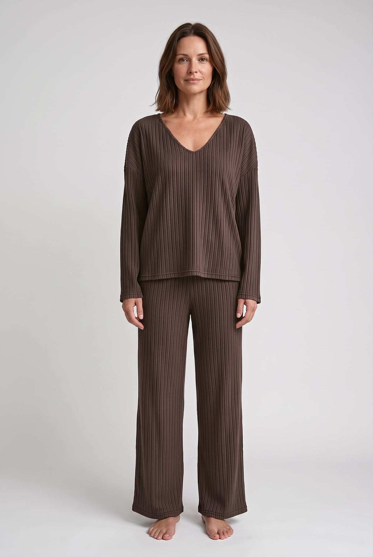 Women's Loungewear Set | Ribbed V-Neck with Wide-Leg Trousers - Mocha