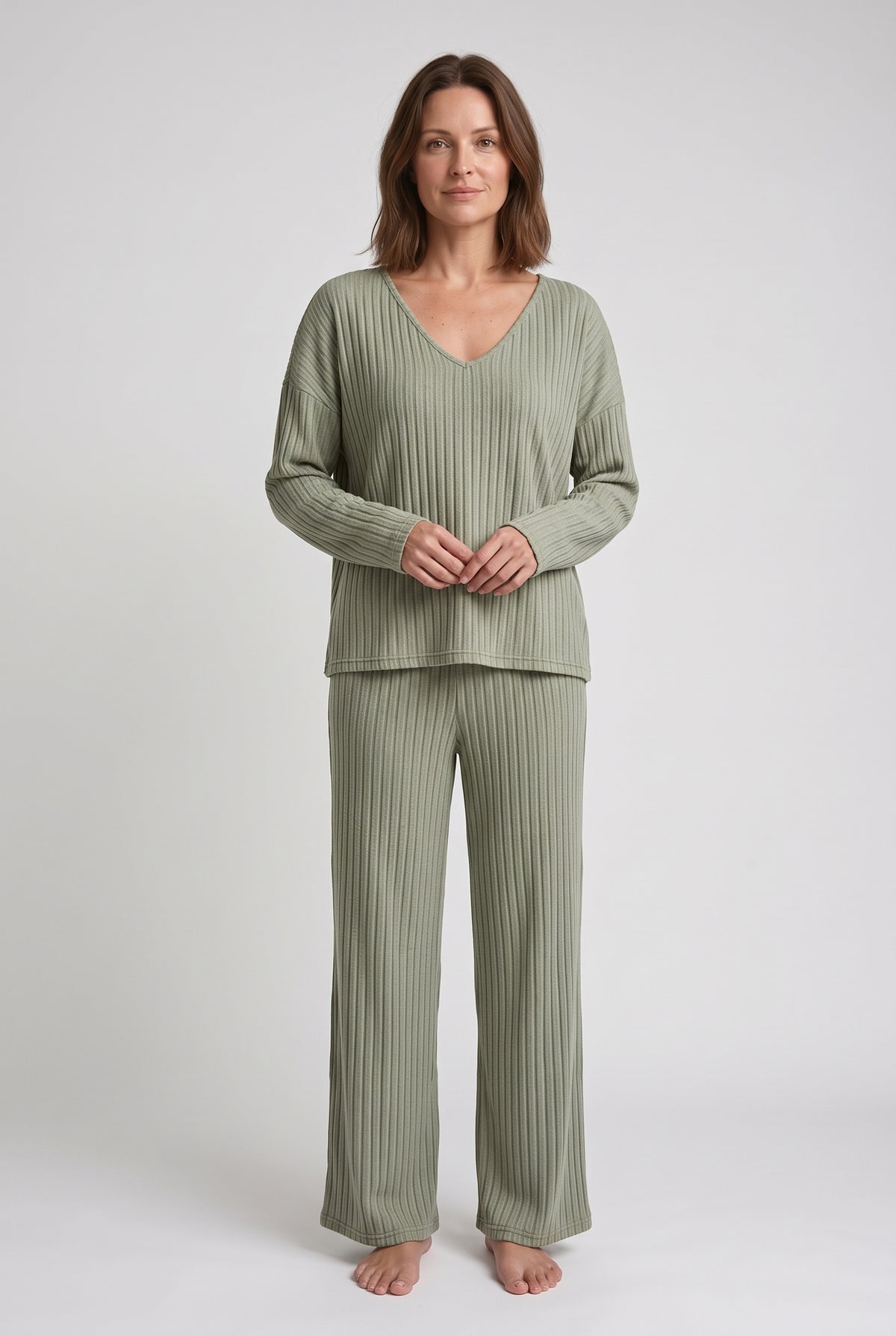 Women's Loungewear Set | Ribbed V-Neck with Wide-Leg Trousers - Sage Green