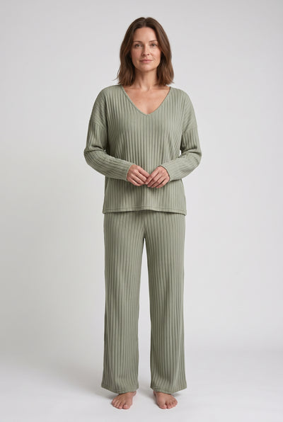 Women's Loungewear Set | Ribbed V-Neck with Wide-Leg Trousers - Sage Green