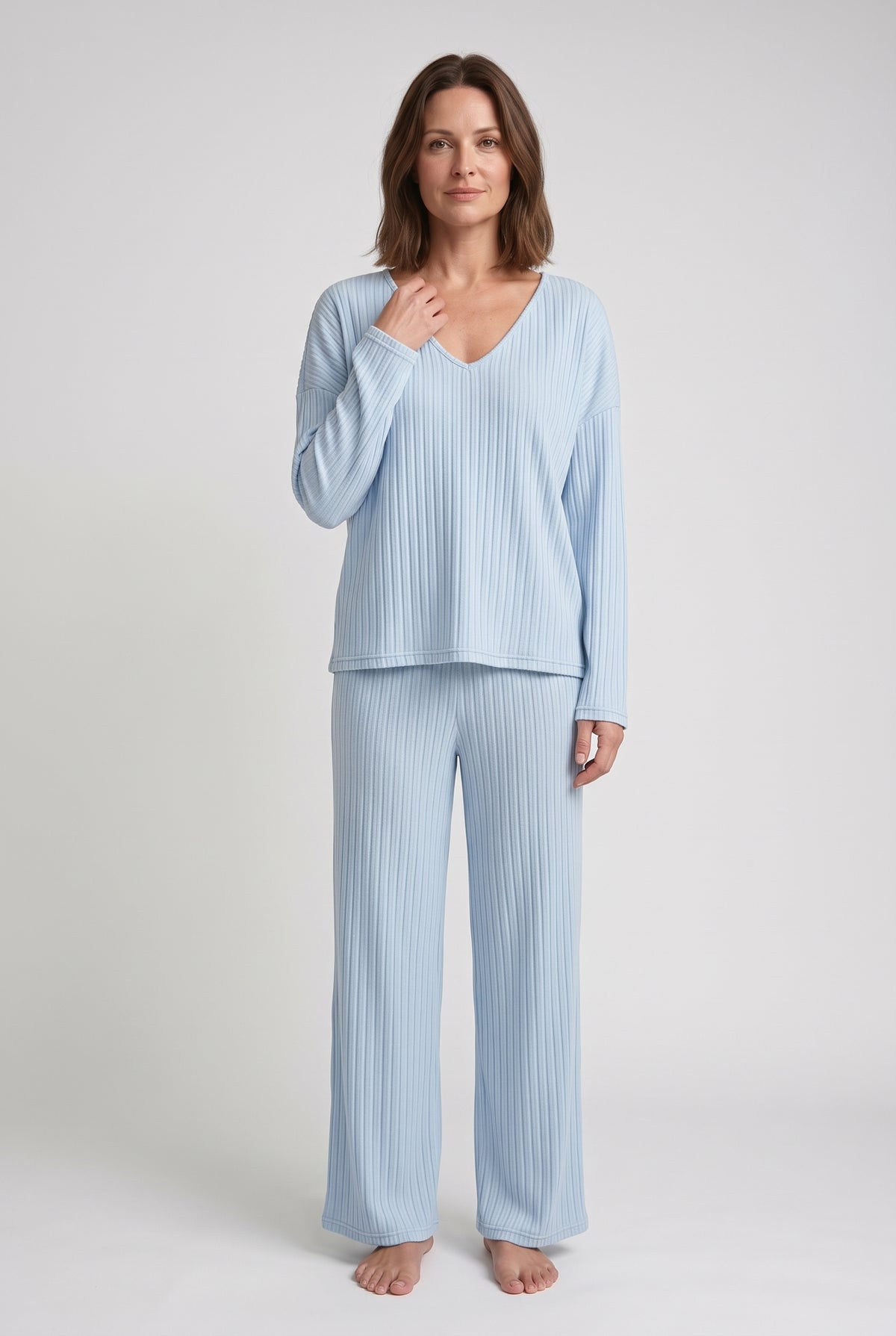 Women's Loungewear Set | Ribbed V-Neck with Wide-Leg Trousers - Sky Blue