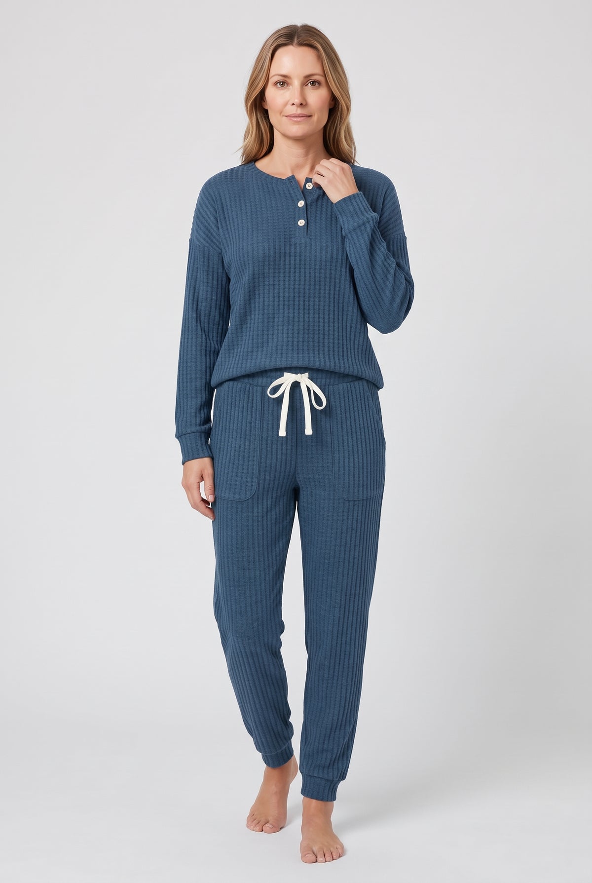 Women's Loungewear Set | Waffle Henley Top with Joggers - Blue