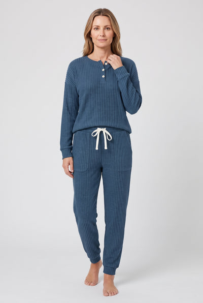 Women's Loungewear Set | Waffle Henley Top with Joggers - Blue