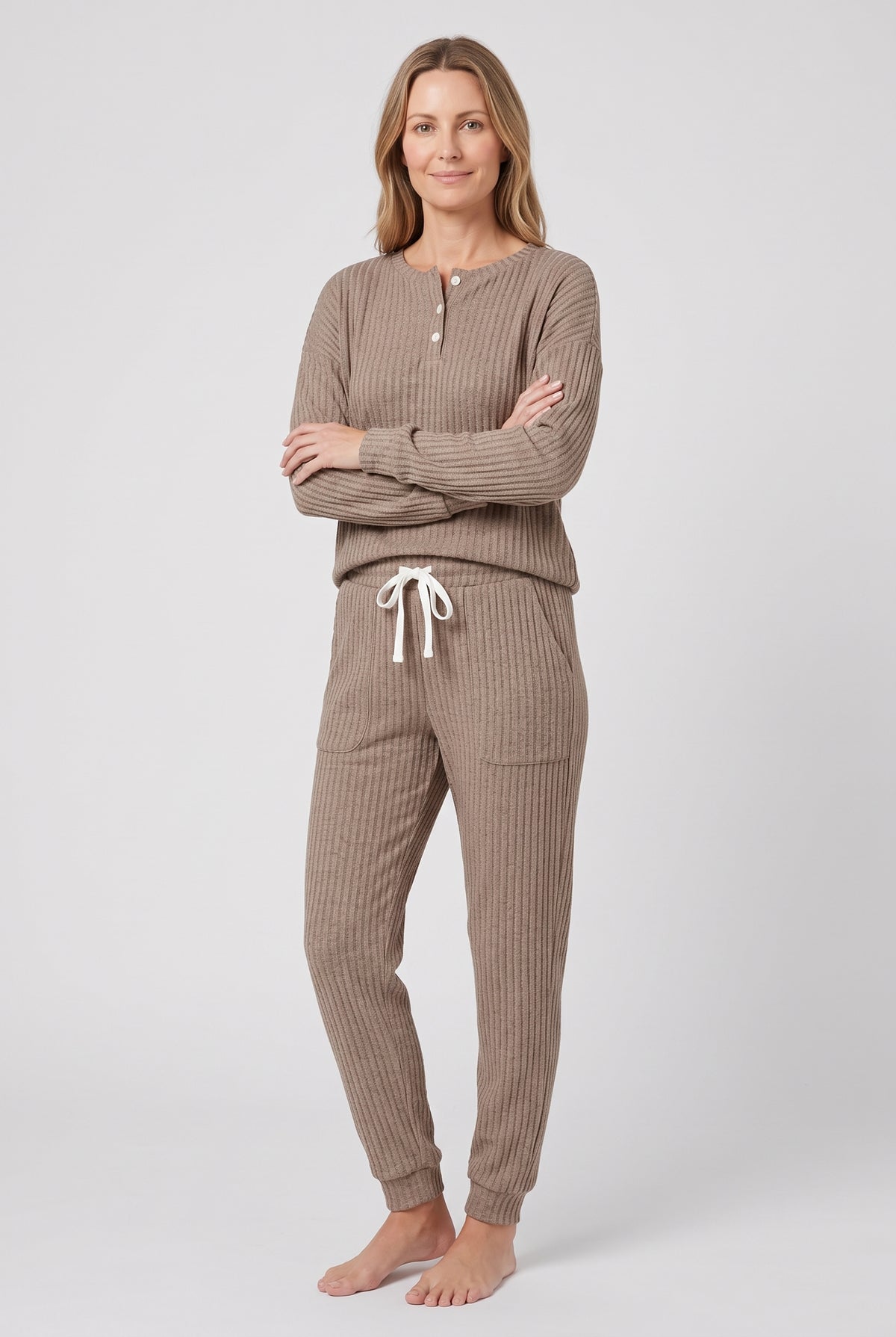 Women's Loungewear Set | Waffle Henley Top with Joggers - Brown