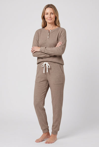 Women's Loungewear Set | Waffle Henley Top with Joggers - Brown