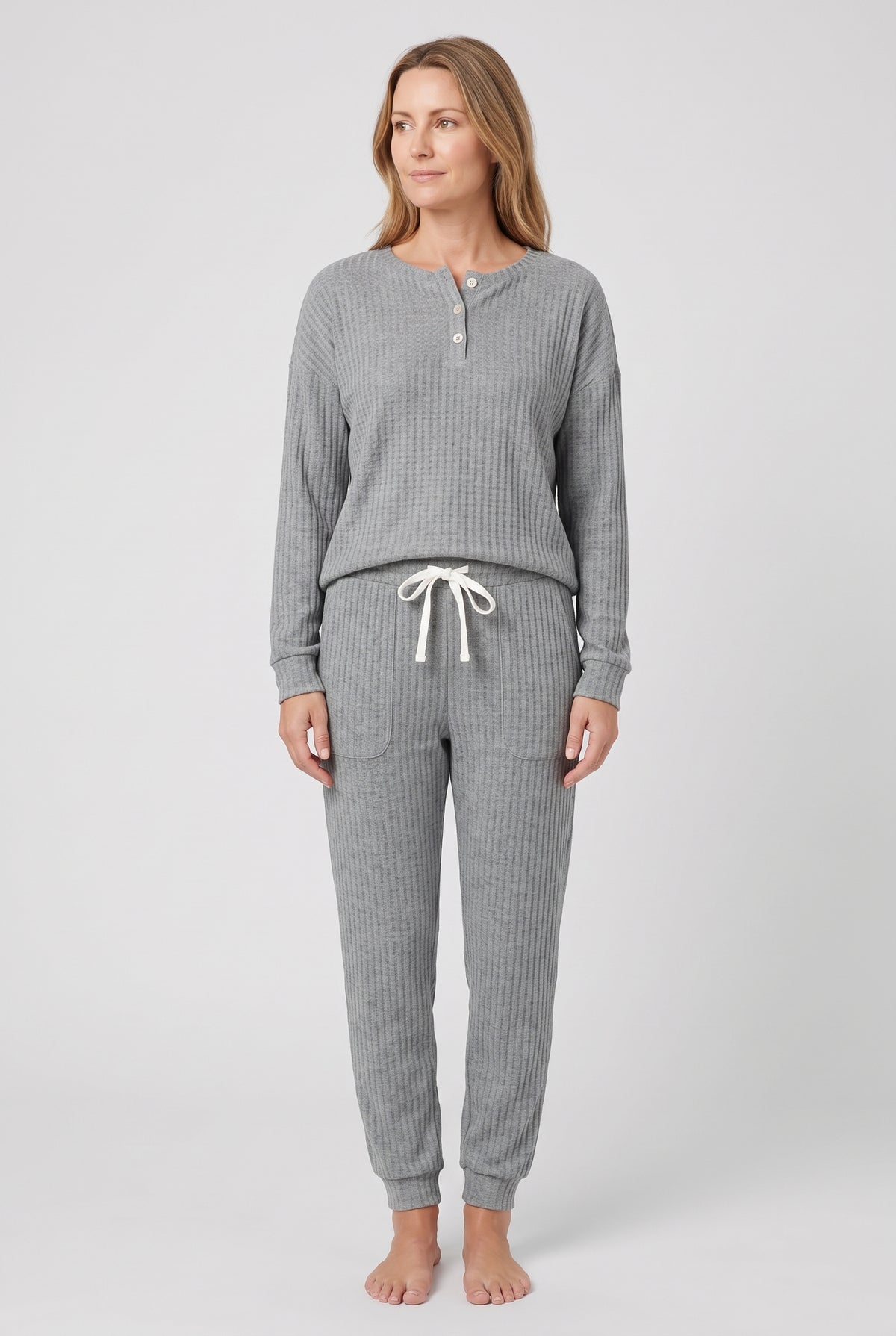 Women's Loungewear Set | Waffle Henley Top with Joggers - Grey