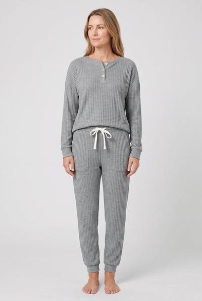 Women's Loungewear Set | Waffle Henley Top with Joggers - Grey