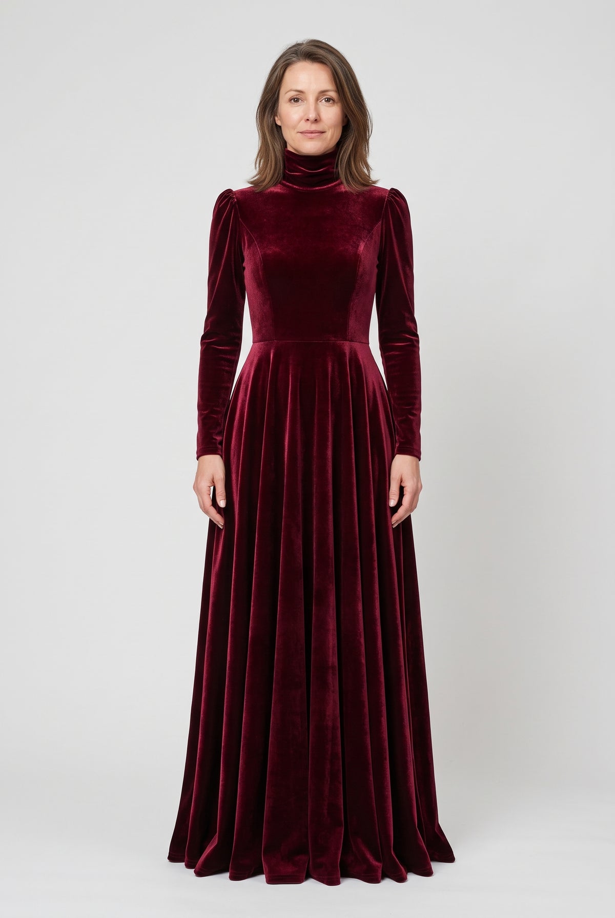 Women's Party Dress | Velvet-Look High Neck Maxi - Burgundy