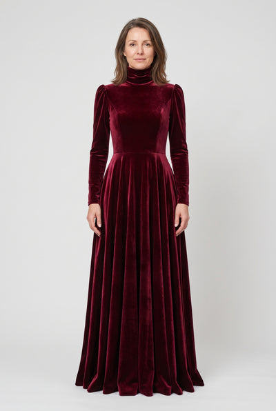 Women's Party Dress | Velvet-Look High Neck Maxi - Burgundy
