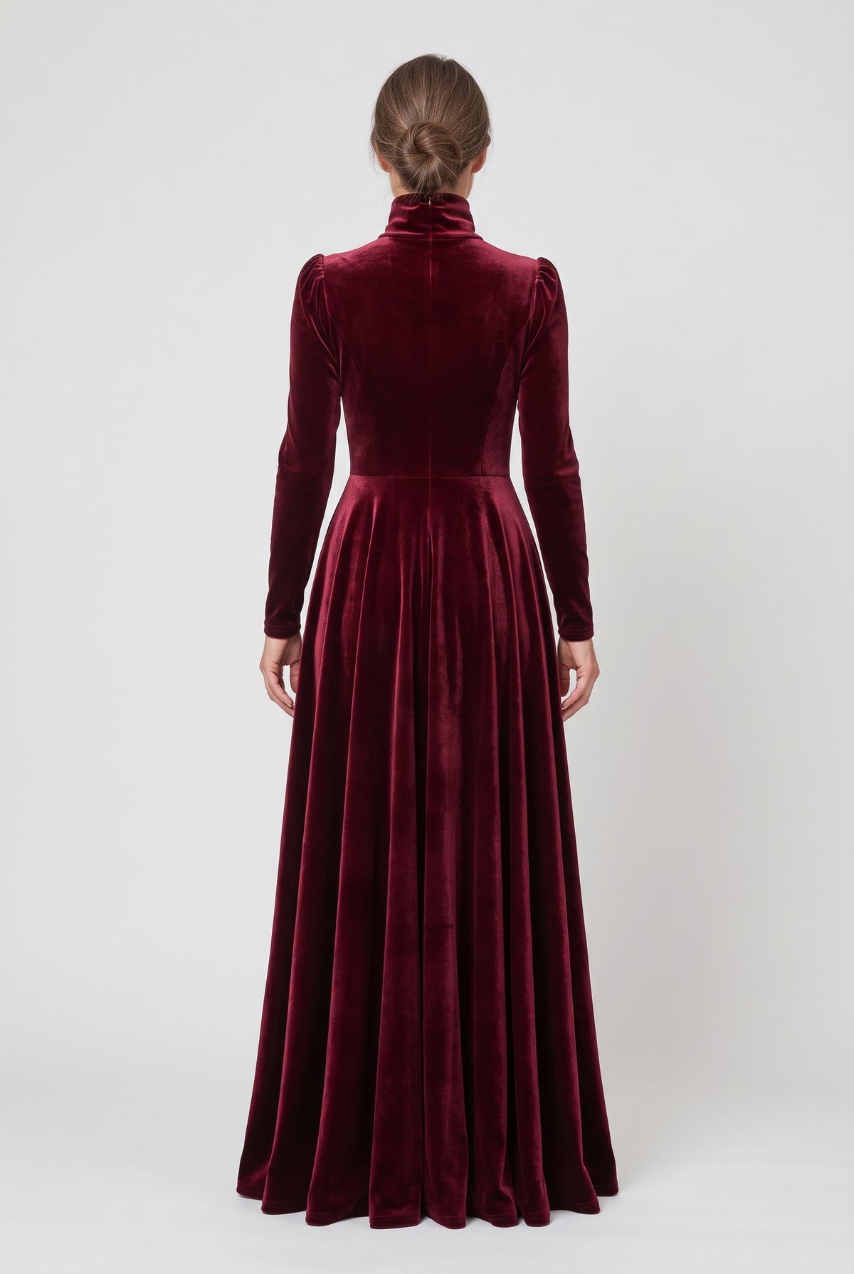Women's Party Dress | Velvet-Look High Neck Maxi - Burgundy back