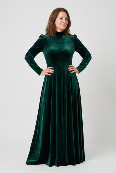 Women's Party Dress | Velvet-Look High Neck Maxi - Emerald Green