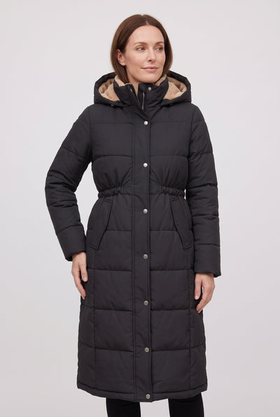 Women's Puffer Coat | Faux Fur Lined Hood with Drawstring Waist - Black