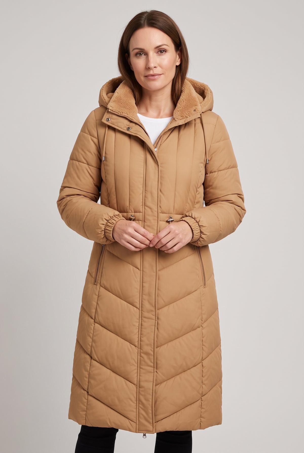 Women's Puffer Coat | Longline Hooded Chevron Quilted - Camel