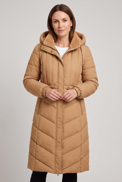 Women's Puffer Coat | Longline Hooded Chevron Quilted - Camel