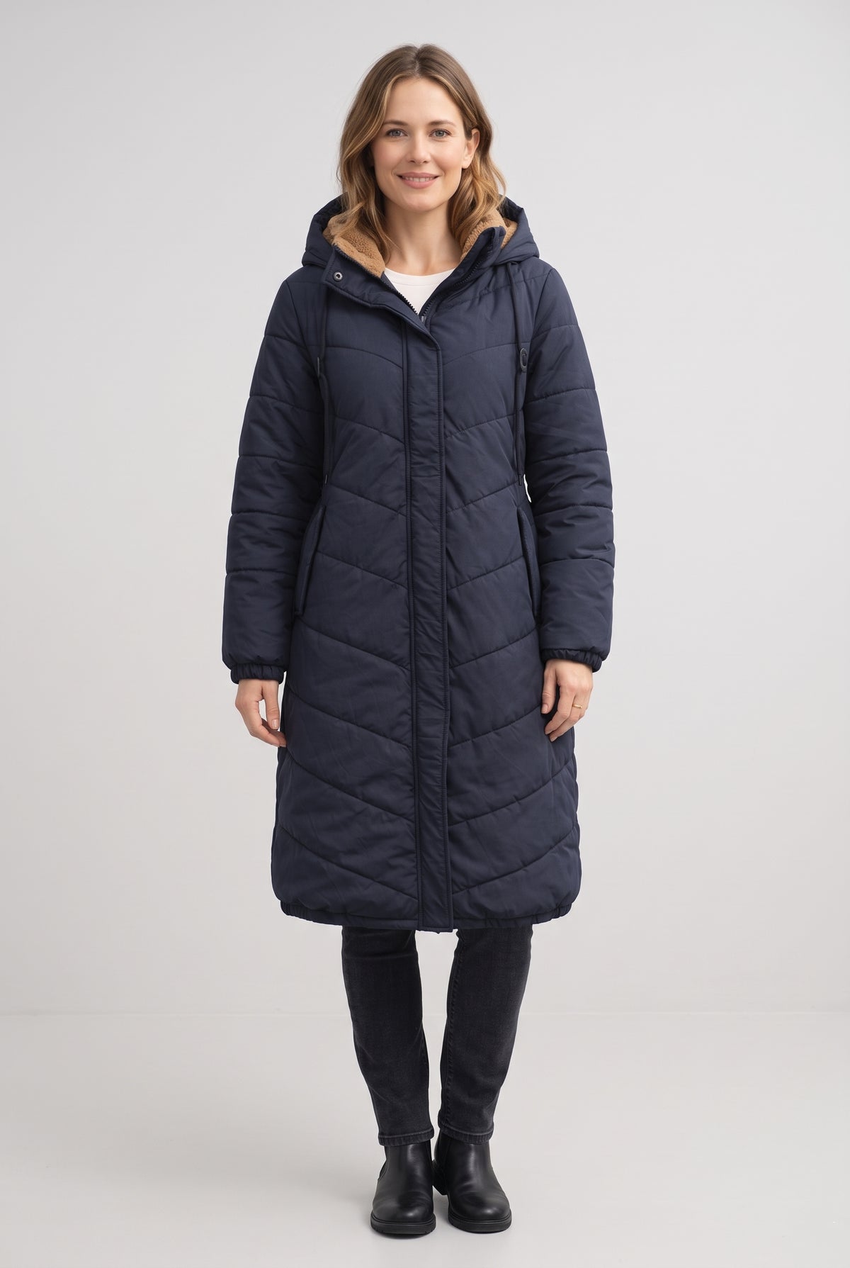 Women's Puffer Coat | Longline Hooded Chevron Quilted - Navy