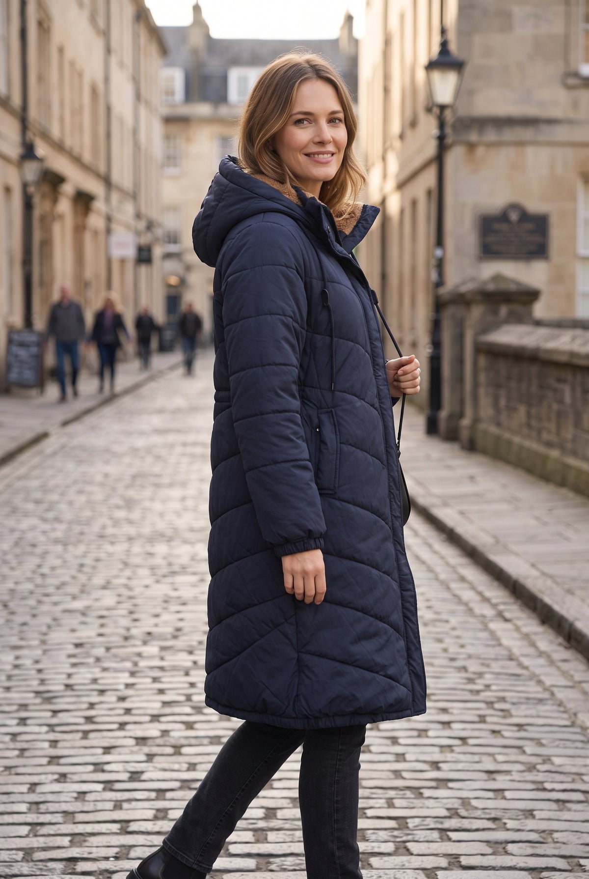 Women's Puffer Coat | Longline Hooded Chevron Quilted - Navy lifestyle