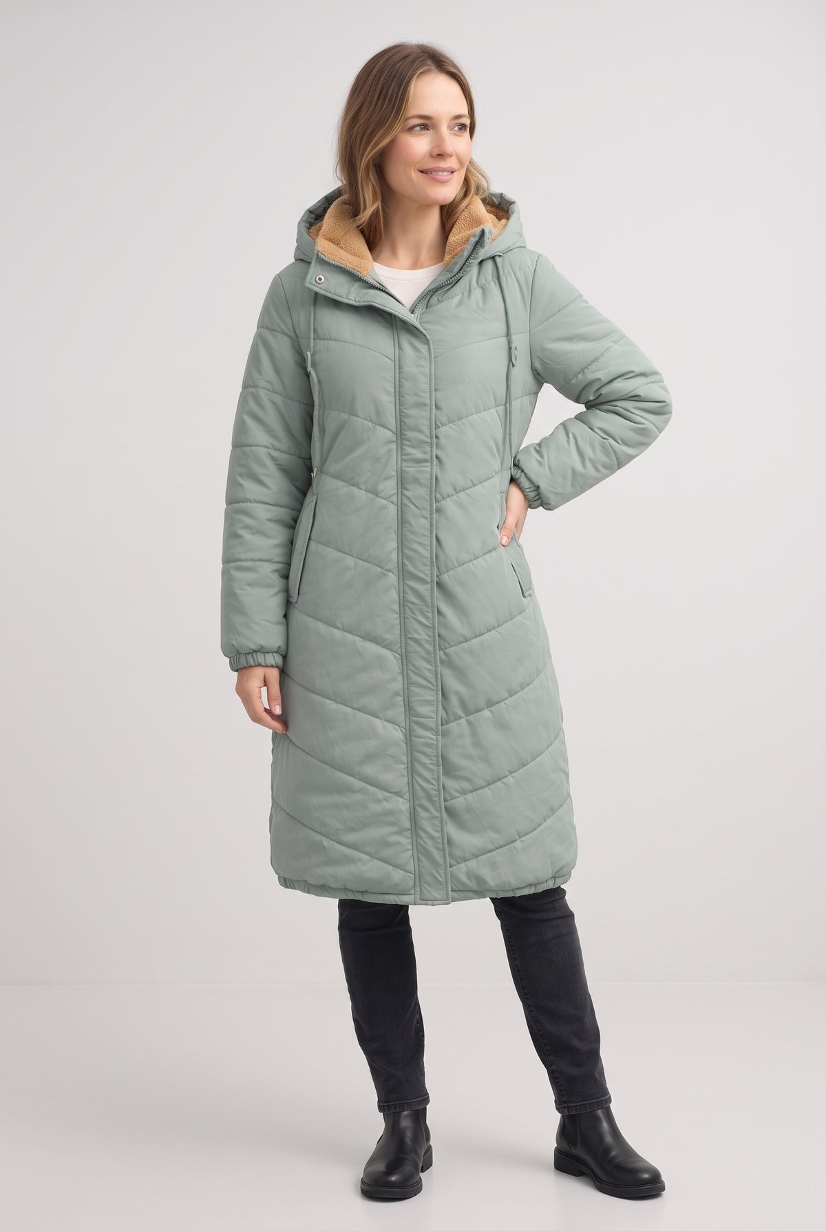 Women's Puffer Coat | Longline Hooded Chevron Quilted - Sage Green